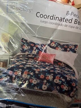 Mainstays Navy Floral Comforter Set with Coral Accent